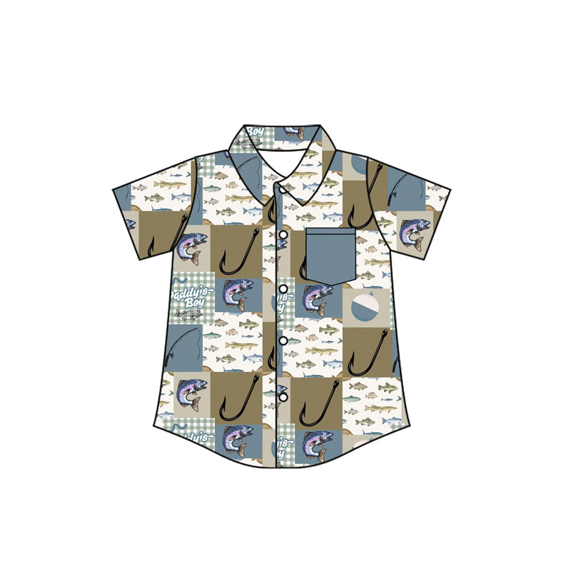 ( Moq 5 ) Preorder Baby Boys Kids Short Sleeves Daddy's Boy Fishing Pockets Shirt Tops
