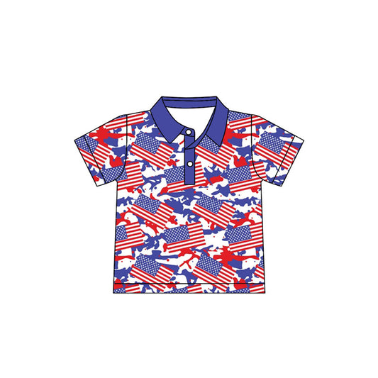 ( Moq 5 ) Preorder Baby Boys Kids Short Sleeves Flags Blue Camo 4th of July Buttons Shirt Tops