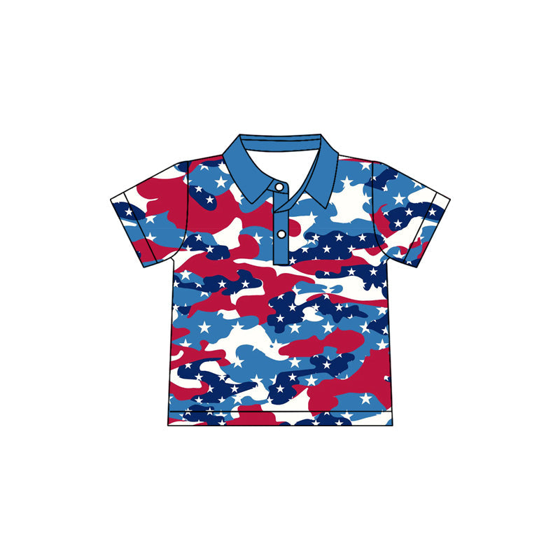 ( Moq 5 ) Preorder Baby Boys Kids Short Sleeves Stars Red Blue Camo 4th of July Buttons Shirt Tops