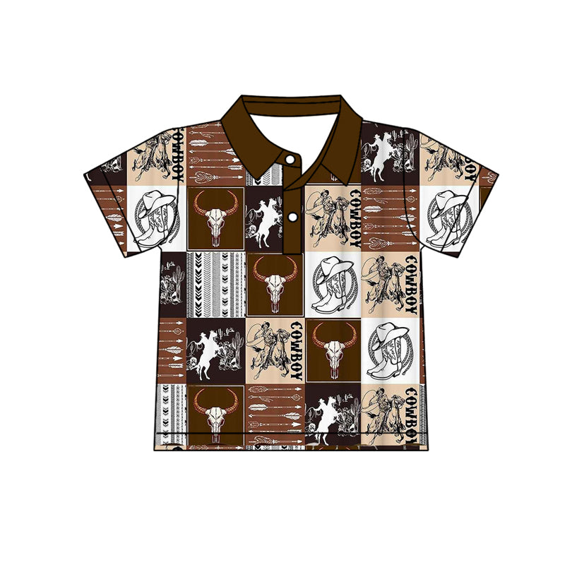 ( Moq 5 ) Preorder Baby Boys Short Sleeves Cowboy Boots Western Buttons Pullover Shirt