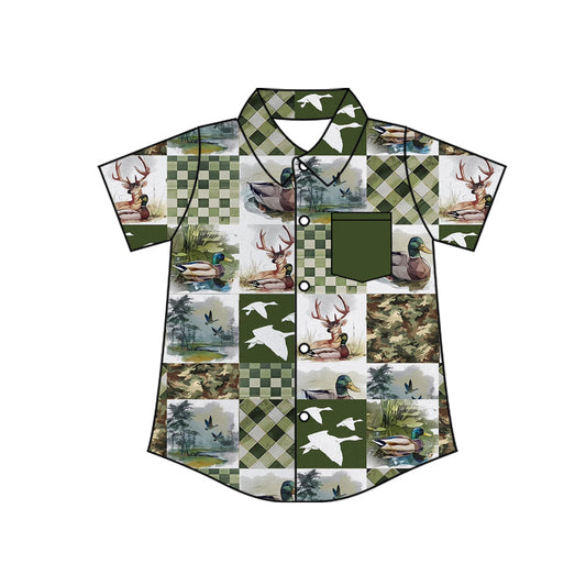 ( Moq 5 ) Preorder Baby Boys Short Sleeves Ducks Deer Buttons Hunting Pocket Shirt Tops