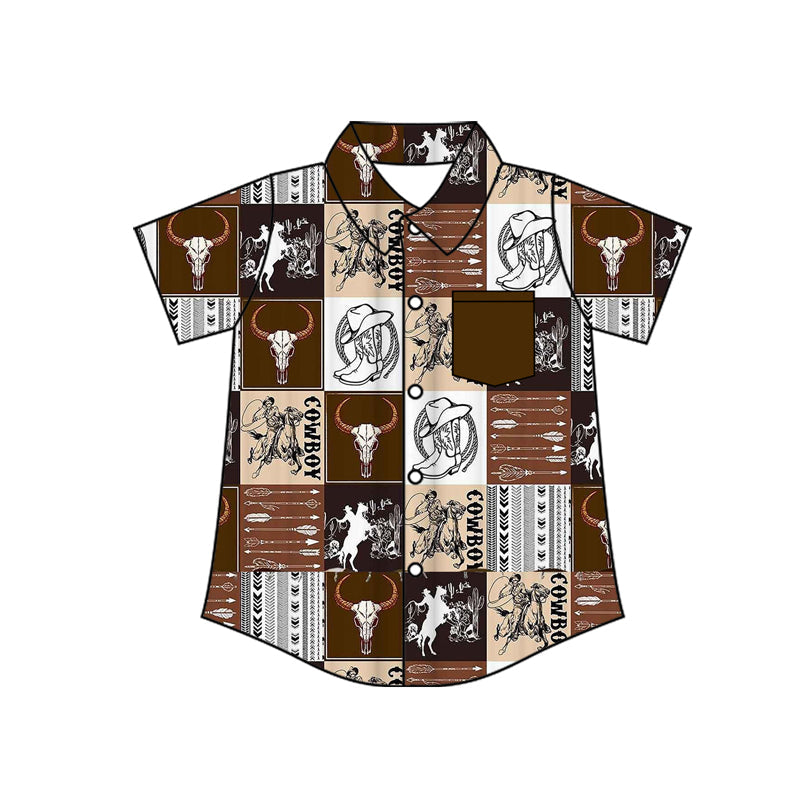 ( Moq 5 ) Preorder Baby Boys Short Sleeves Cowboy Boots Western Buttons Shirt Tops