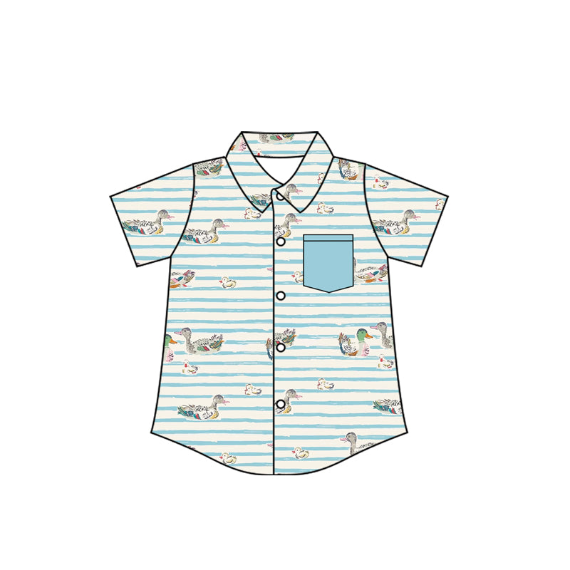 ( Moq 5 ) Preorder Baby Boys Short Sleeves Ducks Stripes Buttons Pocket Shirt Tops