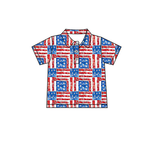 ( Moq 5 ) Preorder Baby Boys Short Sleeves Flags Stars 4th of July Buttons Polo Shirt Tops