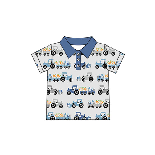 ( Moq 5 ) Preorder Baby Boys Short Sleeves Eggs Carrots Tractors Easter Buttons Polo Shirt Tops