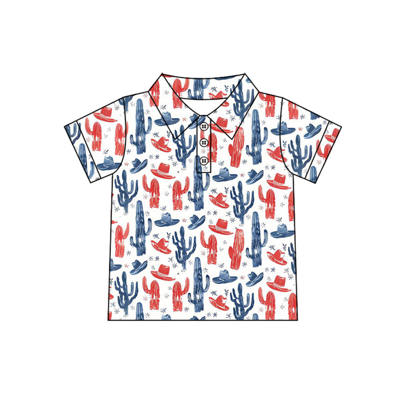 ( Moq 5 ) Preorder Baby Boys Short Sleeves Hats Cactus 4th of July Western Polo Shirt Tops