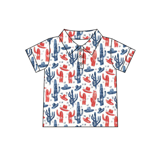 ( Moq 5 ) Preorder Baby Boys Short Sleeves Hats Cactus 4th of July Western Polo Shirt Tops