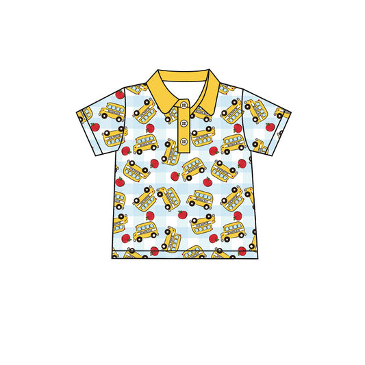 ( Moq 5 ) Baby Boys Kids Short Sleeves Bus Apple Plaid Buttons Tee Back to School Polo Shirt