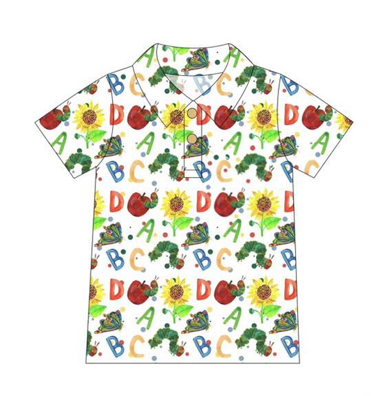 ( Moq 5 ) Preorder Baby Boys Short Sleeves Apple ABC Buttons Shirts Back to School Tops