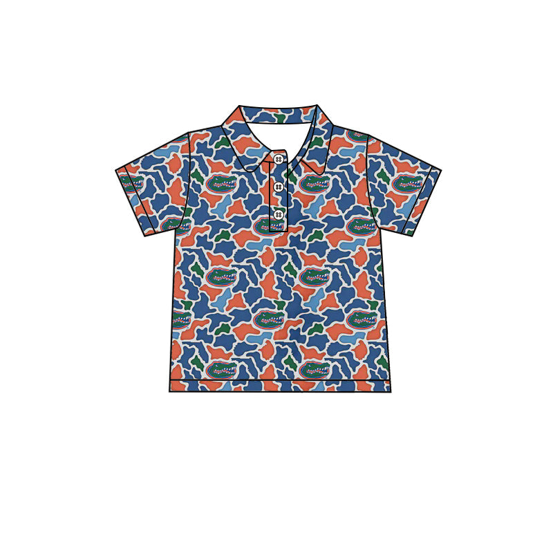 ( Moq 5 ) Preorder Baby Boys Kids Short Sleeves Blure Orange Camo Print Team Buttons Shirt Tops