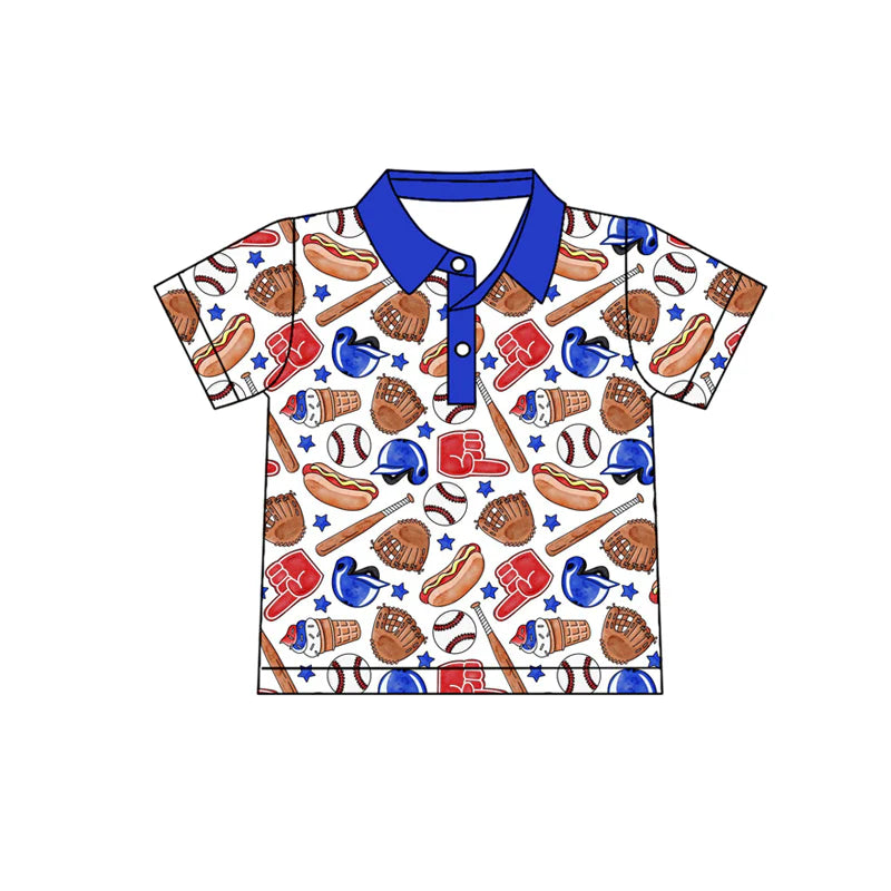 ( No moq ) Preorder Baby Boys Kids Short Sleeves Baseball Buttons Blue Shirt Summer Tops