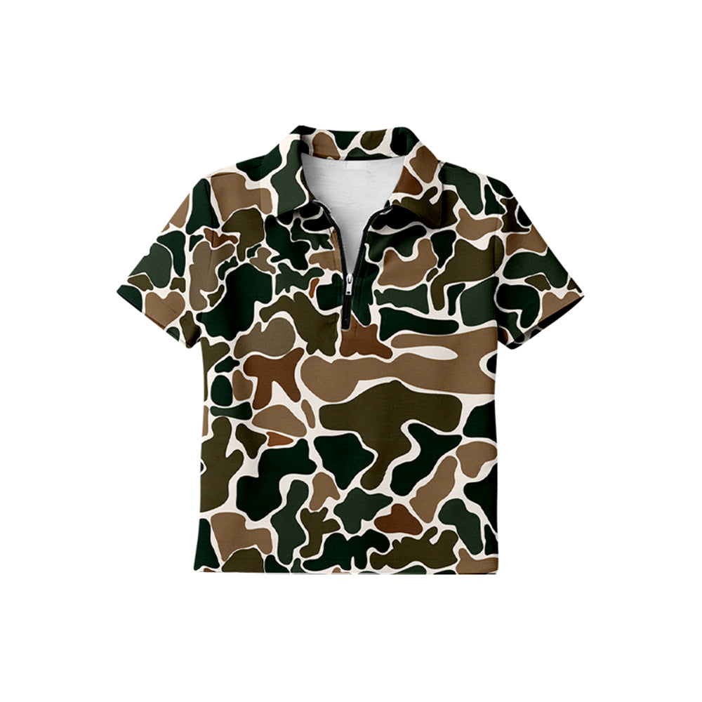 ( Moq 5 ) Preorder Baby Boys Kids Short Sleeves Brown Green Camo Zipper Pullover Shirt Tops