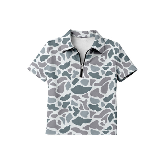 ( Moq 5 ) Preorder Baby Boys Kids Short Sleeves Grey Camo Zipper Pullover Shirt Tops