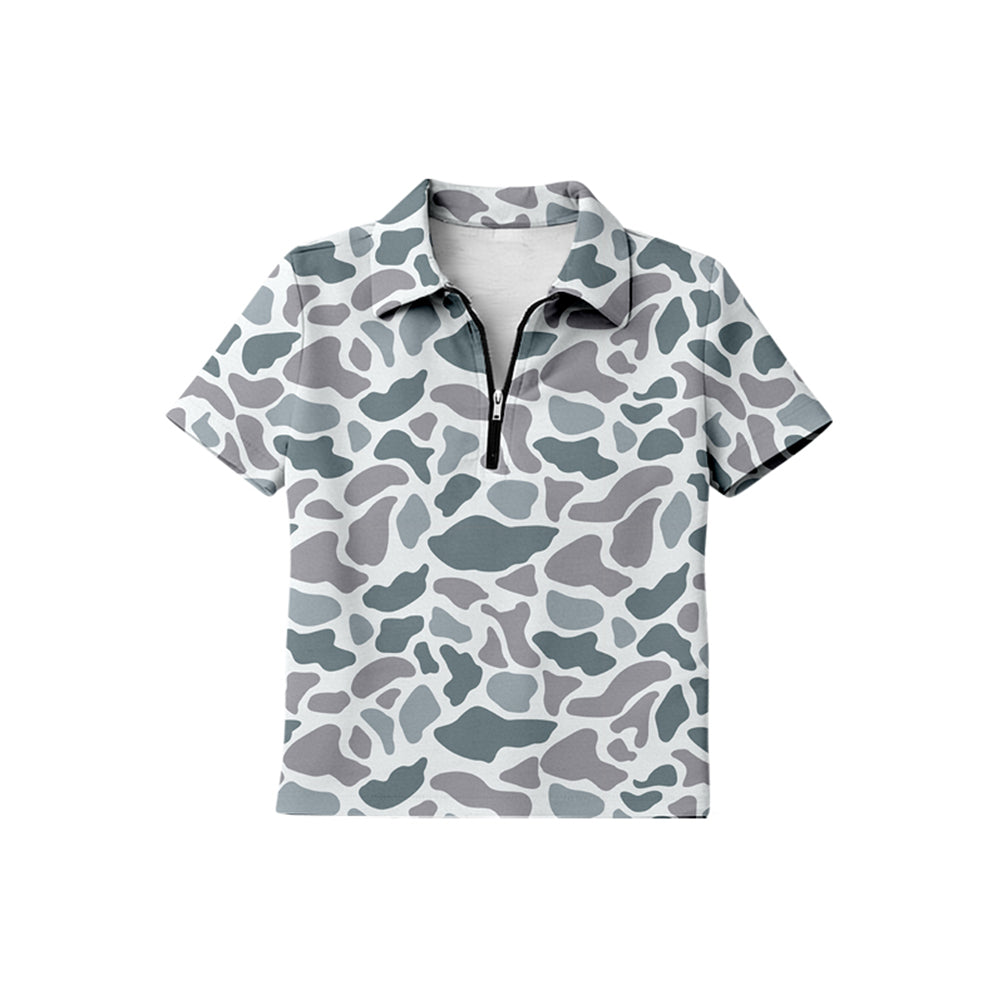 ( Moq 5 ) Preorder Baby Boys Kids Short Sleeves Grey Camo Zipper Pullover Shirt Tops