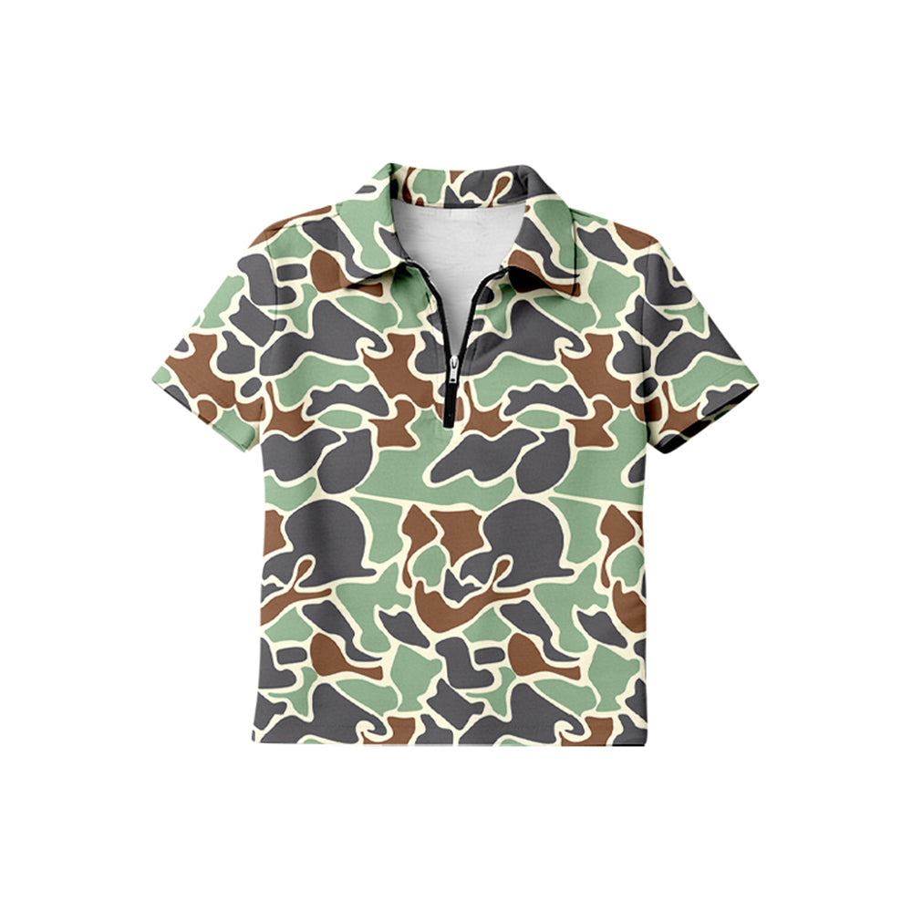 ( Moq 5 ) Preorder Baby Boys Kids Short Sleeves Green Camo Zipper Pullover Shirt Tops