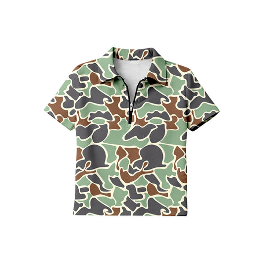 ( Moq 5 ) Preorder Baby Boys Kids Short Sleeves Green Camo Zipper Pullover Shirt Tops