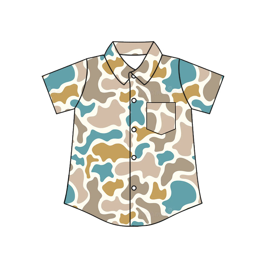 ( Moq 5 ) Preorder Baby Boys Kids Short Sleeves Buttons Pocket Shirt Tops Southern Camo Clothes
