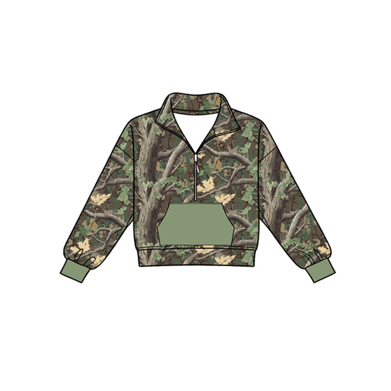 ( Moq 5 ) Preorder Baby Boys Kids Long Sleeves Zipper Green Pocket Pullover Leaves Shirt