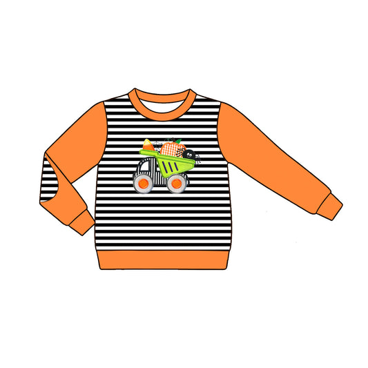 ( Moq 5 ) Preorder Baby Boys Kids Long Sleeve Stripes Pumpkin Candy Truck Shirt Halloween Clothes