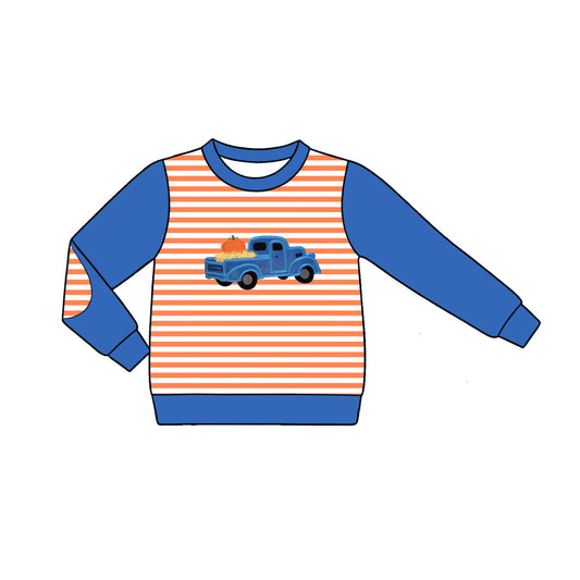 ( Moq 5 ) Preorder Baby Boys Kids Blue Long Sleeve Stripes Pumpkin Truck Shirt Fall Clothes