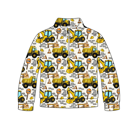 ( Moq 5 ) Preorder Baby Boys Kids Long Sleeves Yellow Trucks Zipper Pullover Shirt