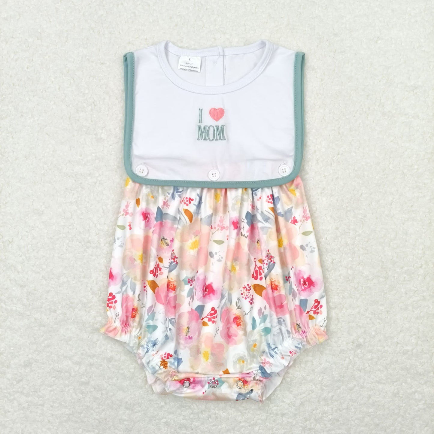 Baby Girl Embroidery I Love Mom Floral Bubble One Piece Romper