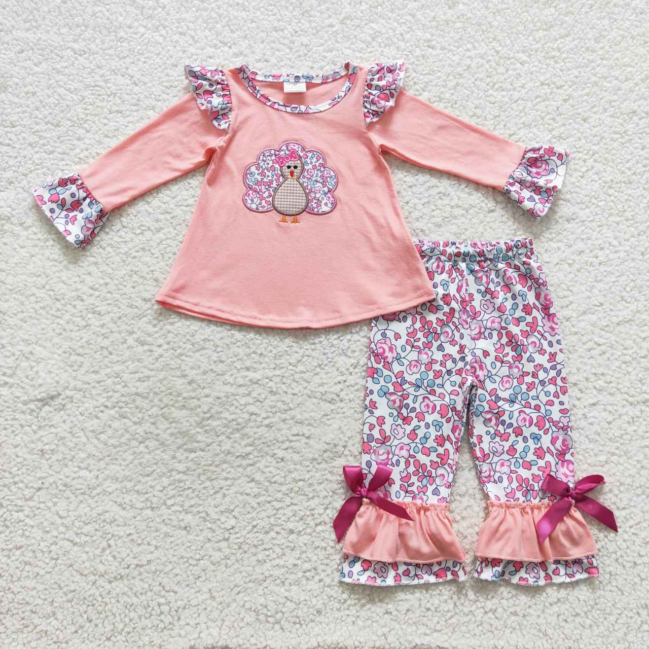 Baby Girl Long Sleeves Shirt Pants Embroidery turkey Pink Thanksgiving Outfit