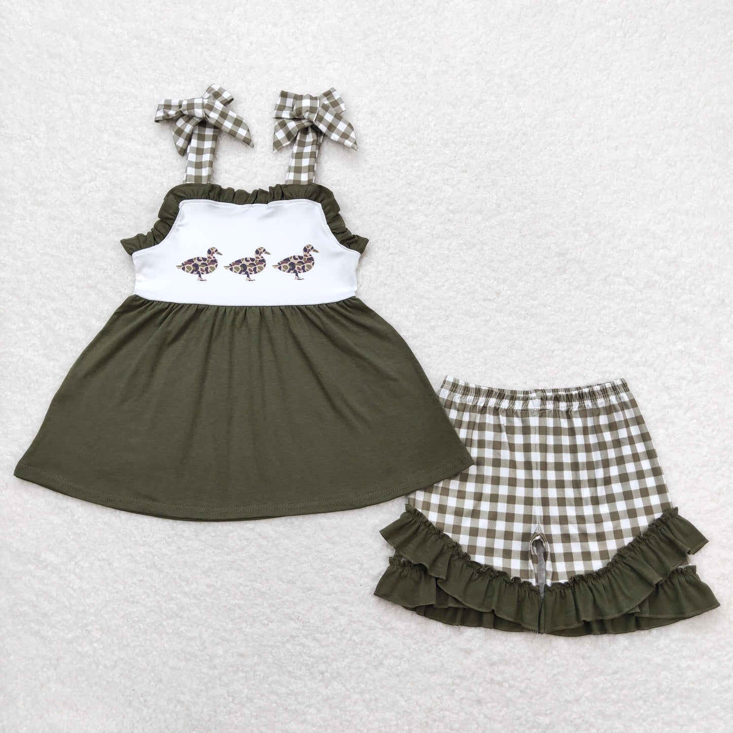 Baby Boy Short Sleeves Ducks Green Shirt Plaid Ruffle Shorts Summer Set