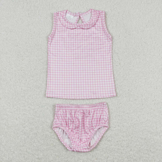 Baby Girl Sleeveless Pink Plaid Tops Bummies Shorts Set