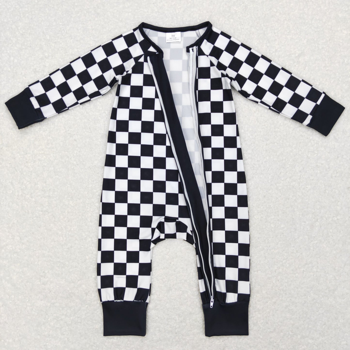 LR0812 Baby Boy Long Sleeves Black Checkered Zipper One Piece Romper