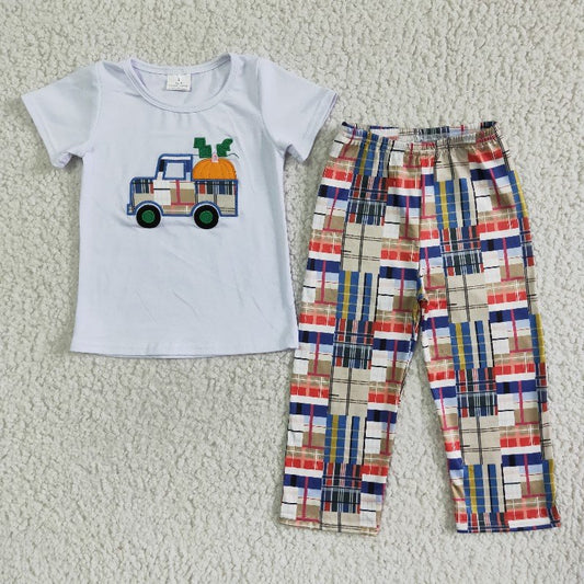 Promotion Baby Boy Pumpkin Embroidery Plaid Pants Outfit RTS