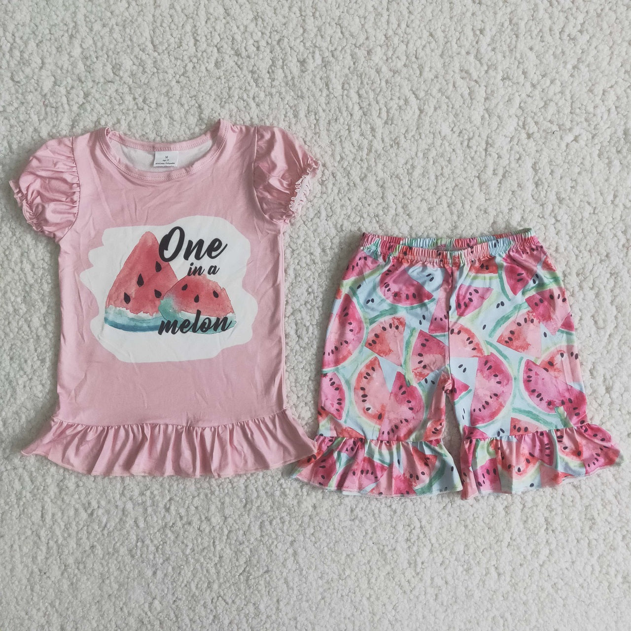 Promotion Baby Girl Short Sleeves Pink Shirt Watermelon Shorts Outfit