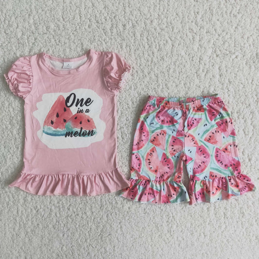 Promotion Baby Girl Short Sleeves Pink Shirt Watermelon Shorts Outfit