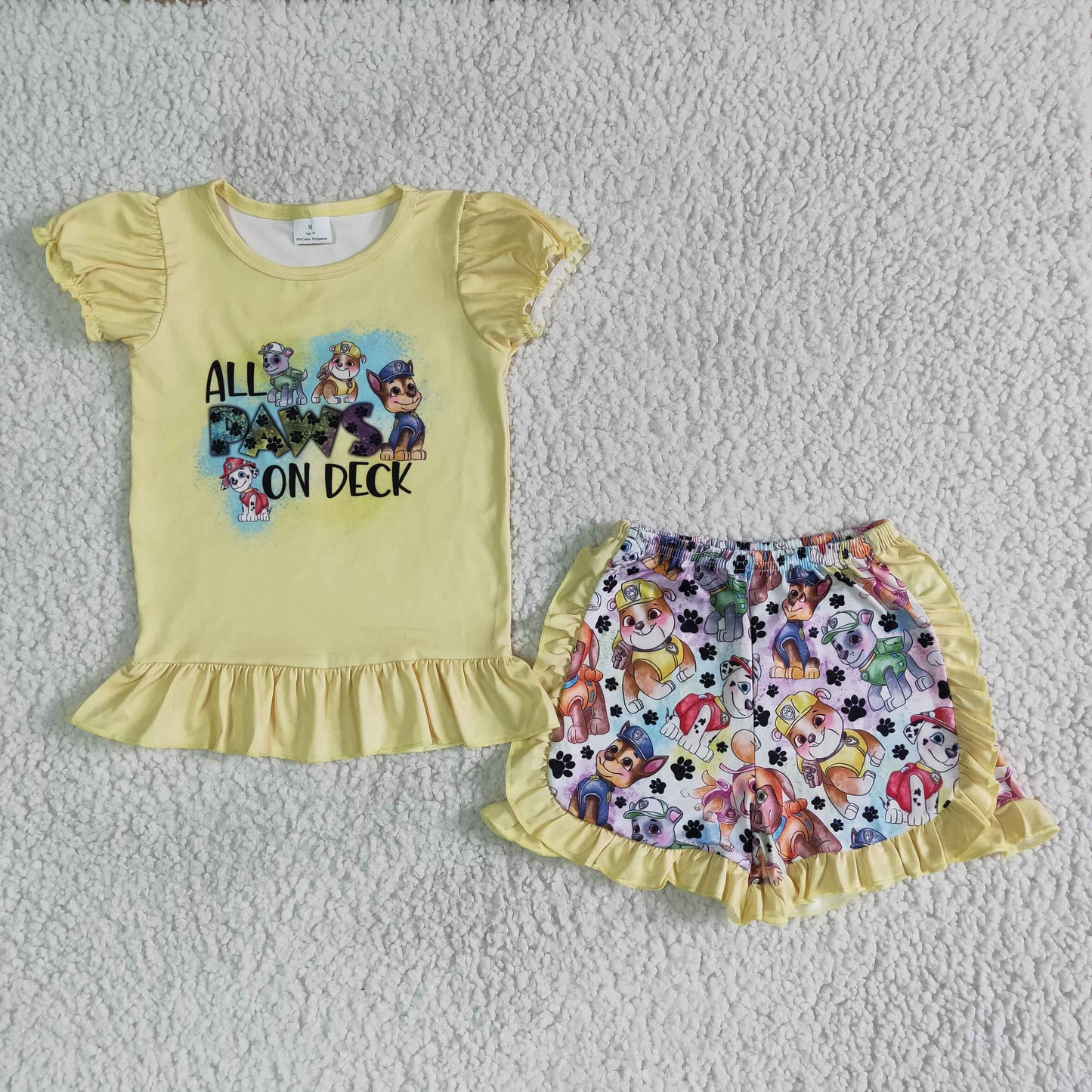 Promotion Baby Girl Short Sleeves Yellow Tops Ruffle Shorts Outfit RTS