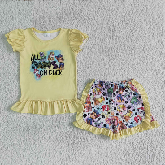 Promotion Baby Girl Short Sleeves Yellow Tops Ruffle Shorts Outfit RTS