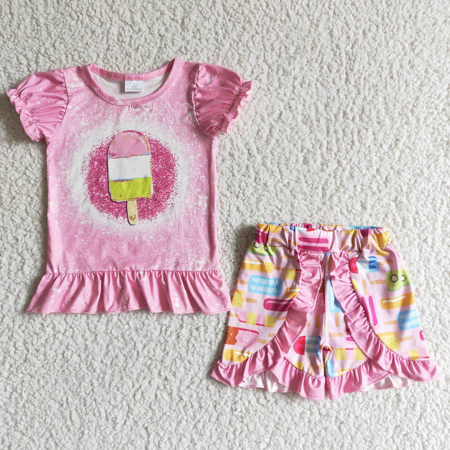 Promotion Baby Girl Summer Short Sleeves Popsicle Shirt Ruffle Shorts Set
