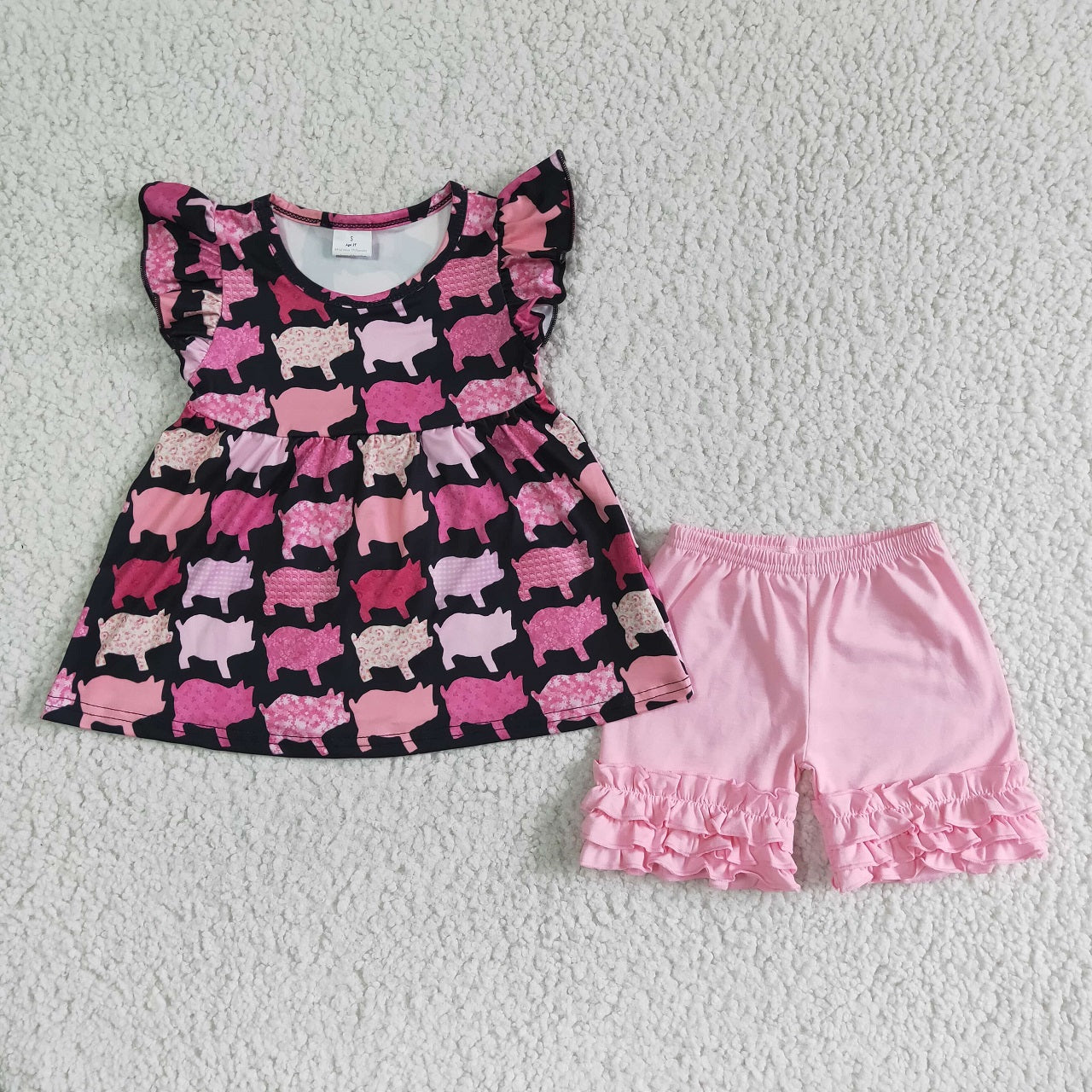 Promotion Baby Girl Short Sleeves Pigs Tunic Pink Cotton Shorts Summer Outfit