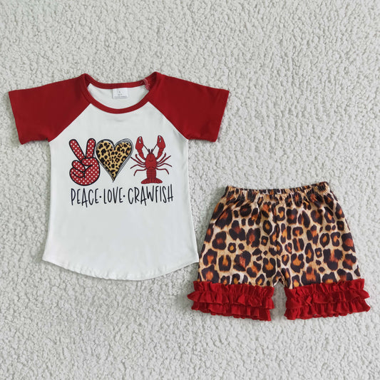 Promotion Baby Girl Summer Short Sleeves Crawfish Shirt Leopard Ruffle Shorts Set