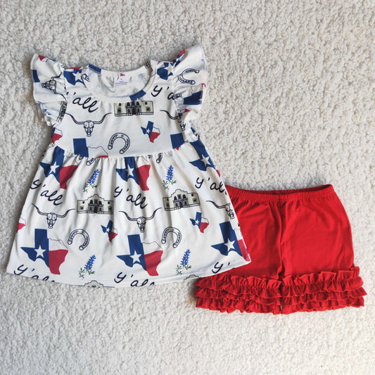 Promotion Baby Girl Short Sleeves Cow Tunic Red Shorts Summer Set RTS