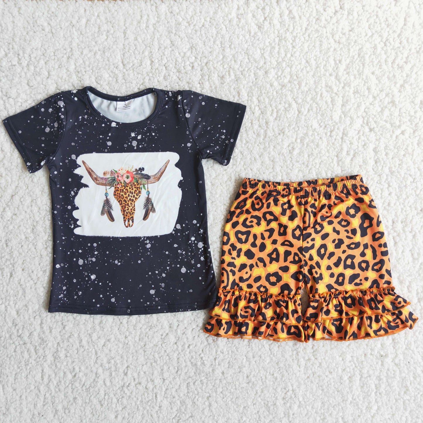 Promotion Baby Girl Short Sleeves Cow Black Shirt Leopard Shorts Set RTS
