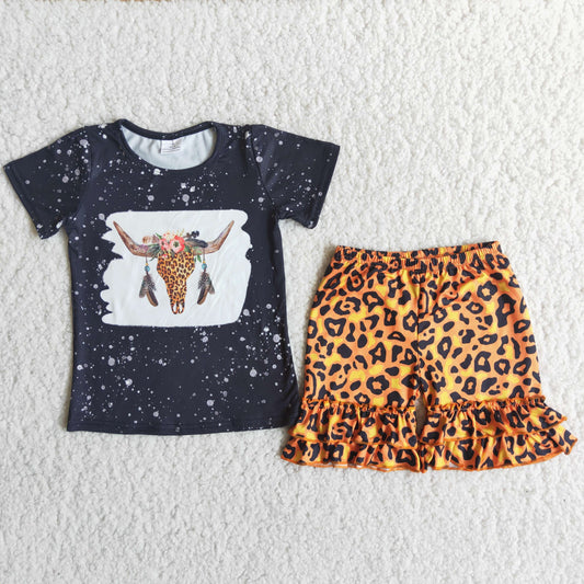 Promotion Baby Girl Short Sleeves Cow Black Shirt Leopard Shorts Set RTS