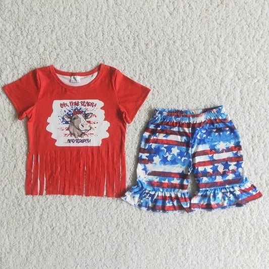 Promotion Baby Girl Red Tassel Cow Shirt Stars Shorts July 4th Set