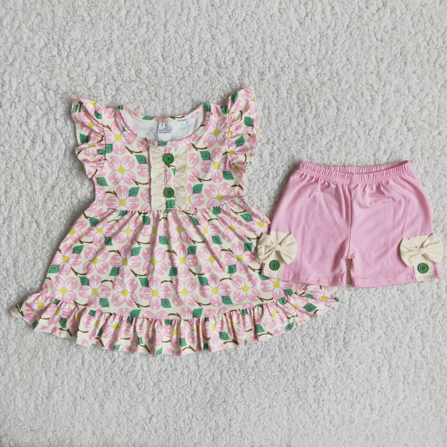 Promotion Baby Girl Short Sleeves Flower Tunic Pink Shorts Summer Set RTS