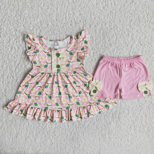Promotion Baby Girl Short Sleeves Flower Tunic Pink Shorts Summer Set RTS