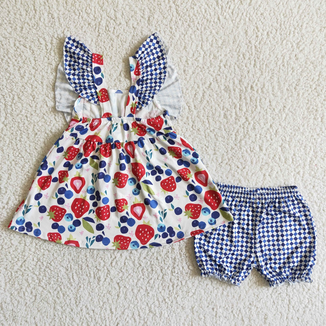 Promotion Baby Girl Ruffle Short Sleeves Strawberry Tunic Blue Plaid Shorts Outfit RTS