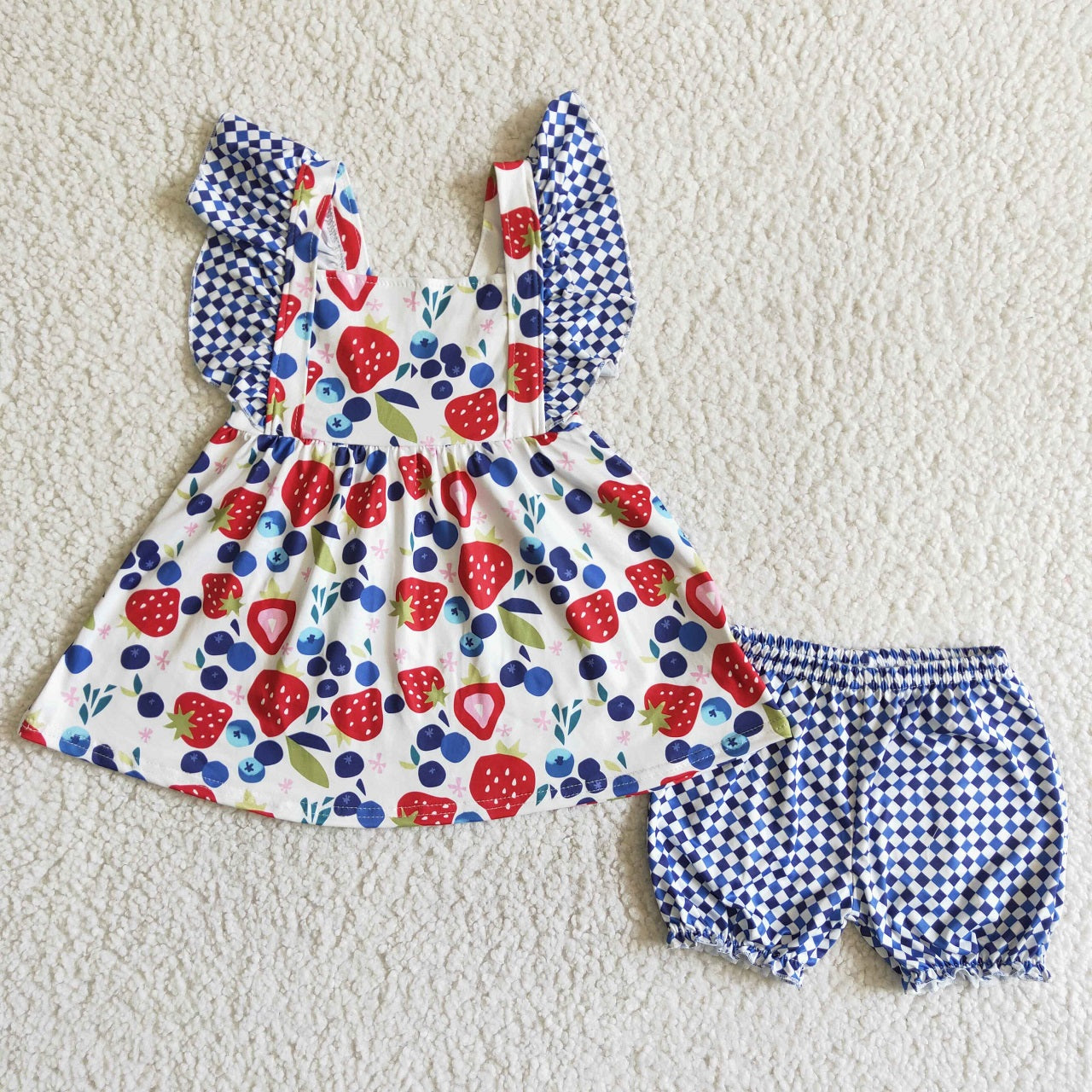 Promotion Baby Girl Ruffle Short Sleeves Strawberry Tunic Blue Plaid Shorts Outfit RTS