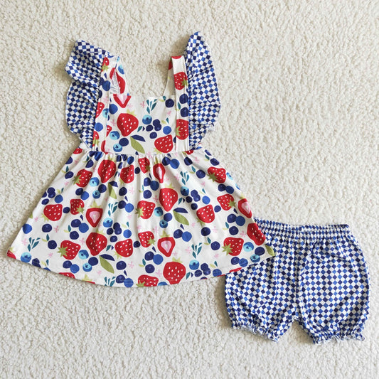Promotion Baby Girl Ruffle Short Sleeves Strawberry Tunic Blue Plaid Shorts Outfit RTS