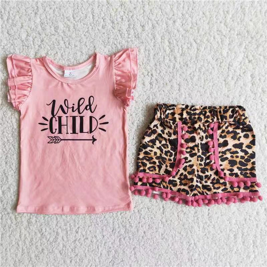 Promotion Baby Girl Short Sleeves Wild Pink Shirt Leopard Shorts Set RTS