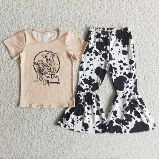 Promotion C4-13 Baby Girl Short Sleeves Shirt Cow Print Bell Pants Western Set