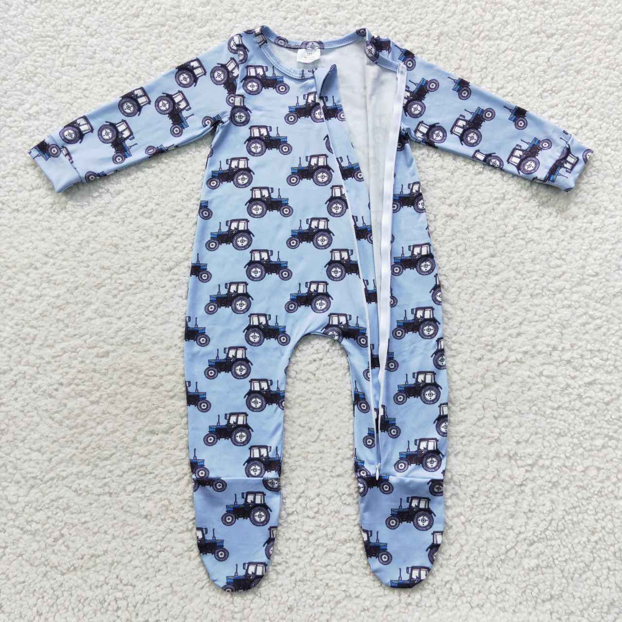 LR0537 Baby Boy Long Sleeves Tractor One Piece Zipper Footie Romper